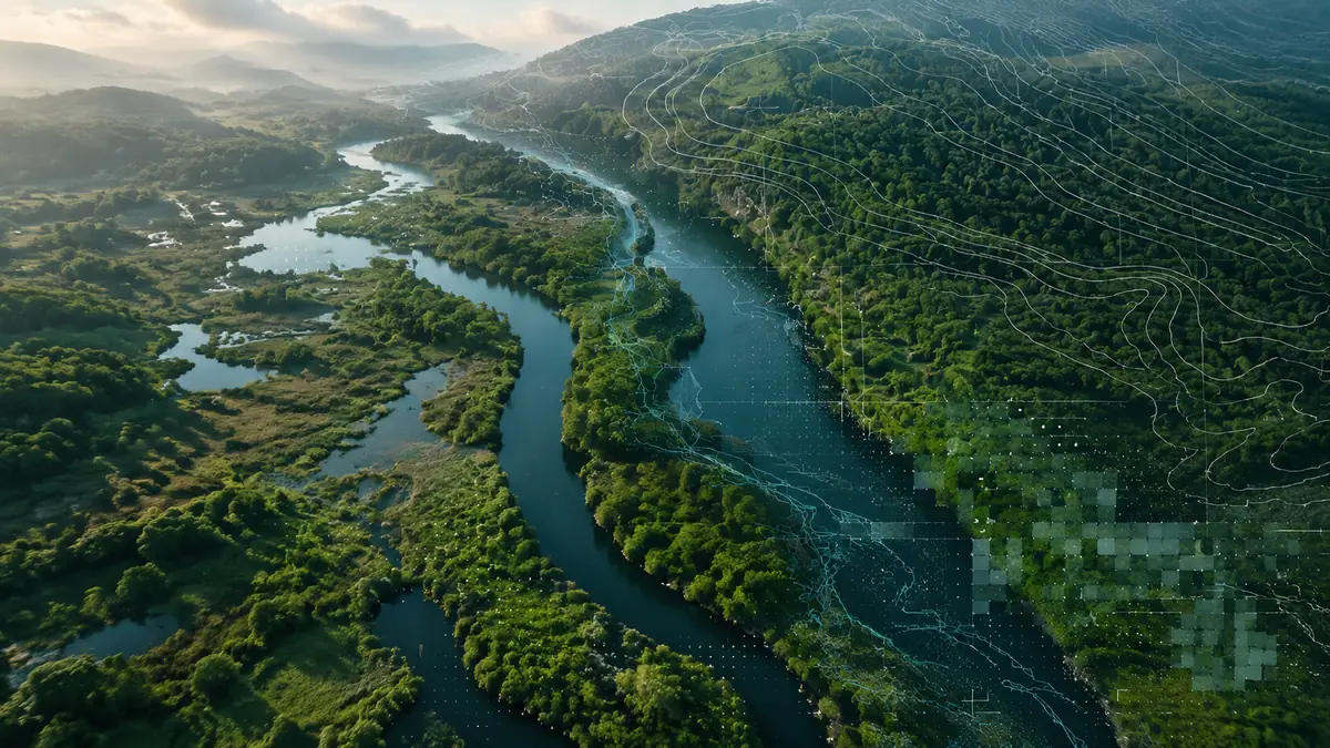 An aerial river landscape with professional GIS analysis overlays